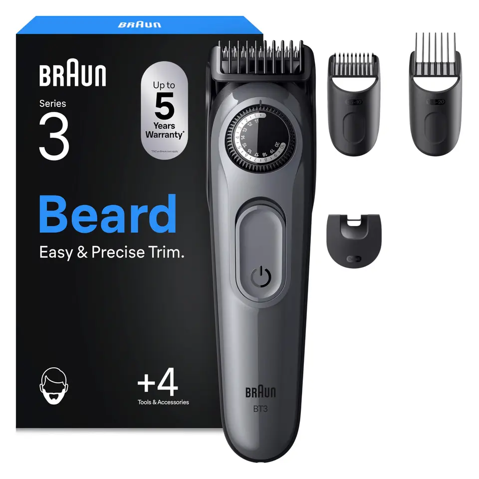 Braun Barttrimmer Series 3, kabelloser Herren-Bartschneider, Grau