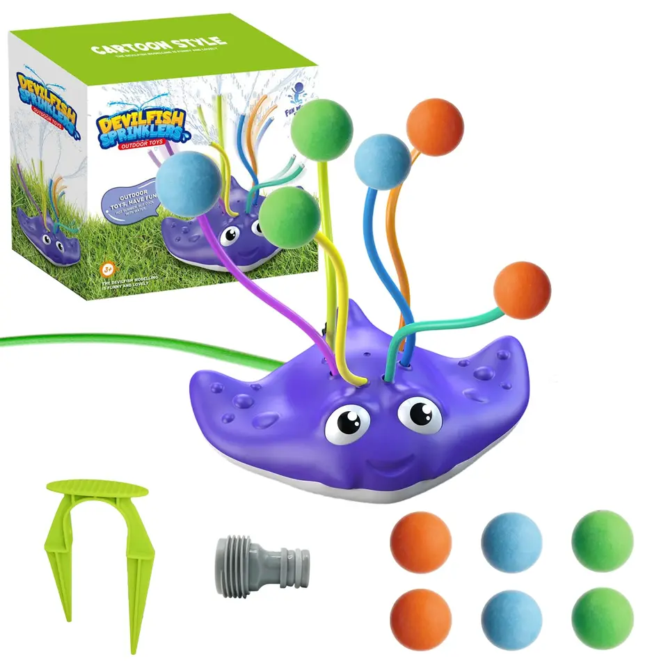 Wassersprinkler mit 6 Wackelschläuchen & Schwammbällen – Sommerliches Wasserspielzeug im Garten, Geschenk für Mädchen & Jungen 4-12 Jahre (Lila Manta-Rochen)