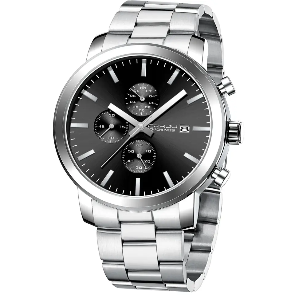 CRRJU Herren Chronograph Uhr Schwarz Edelstahlband