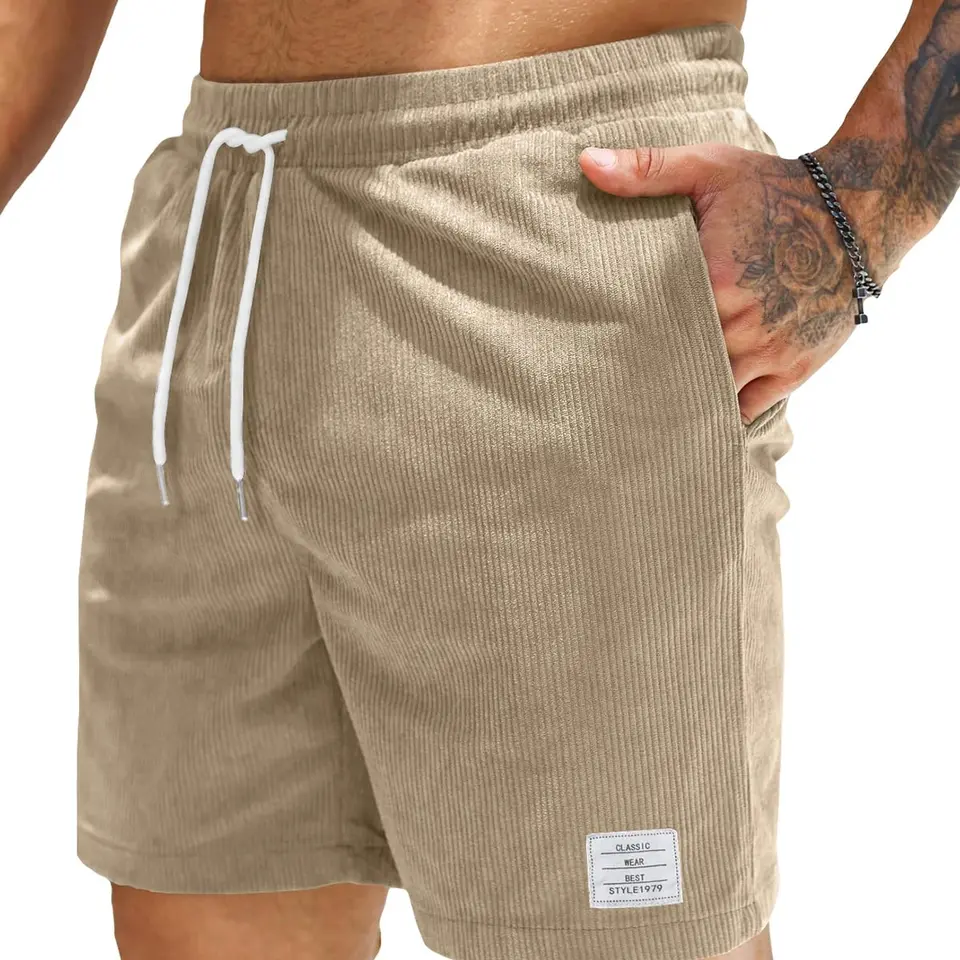 JMIERR Herren Corduroy Short Sommer Leinen Baumwolle mit Taschen, Beige, Größe L