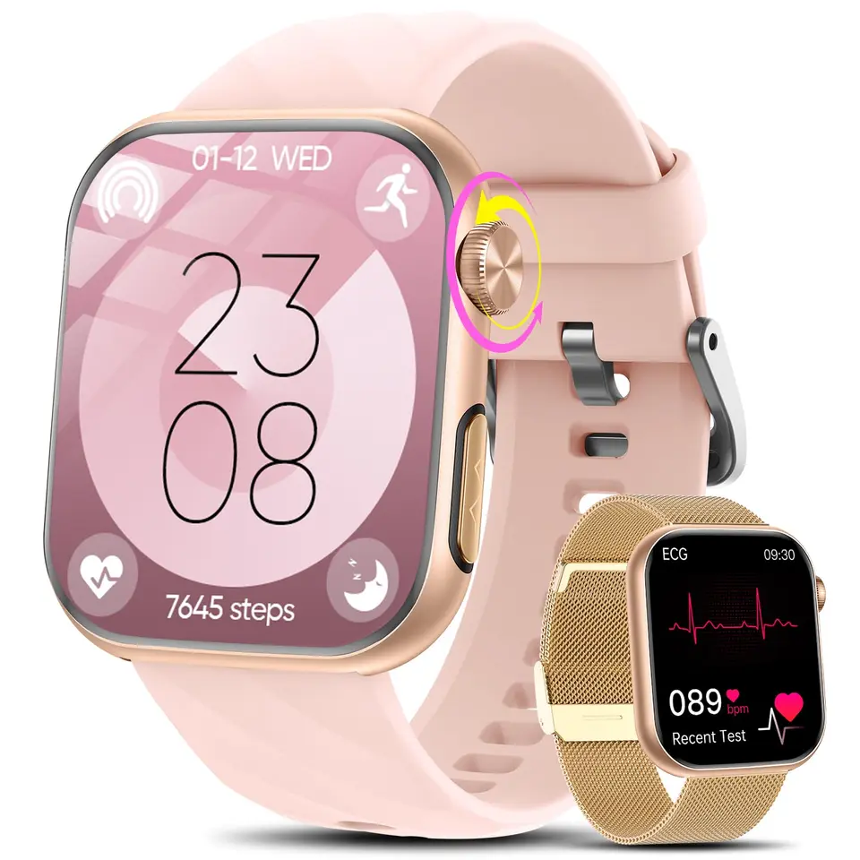 Smartwatch Damen mit EKG, HRV, Blutdruck, Menstruationszyklus, BMI 1,97" AMOLED Gesundheitsuhr mit Telefon, Herzfrequenz, SpO₂, Temperatur, Schlafmonitor und Fitnessfunktion