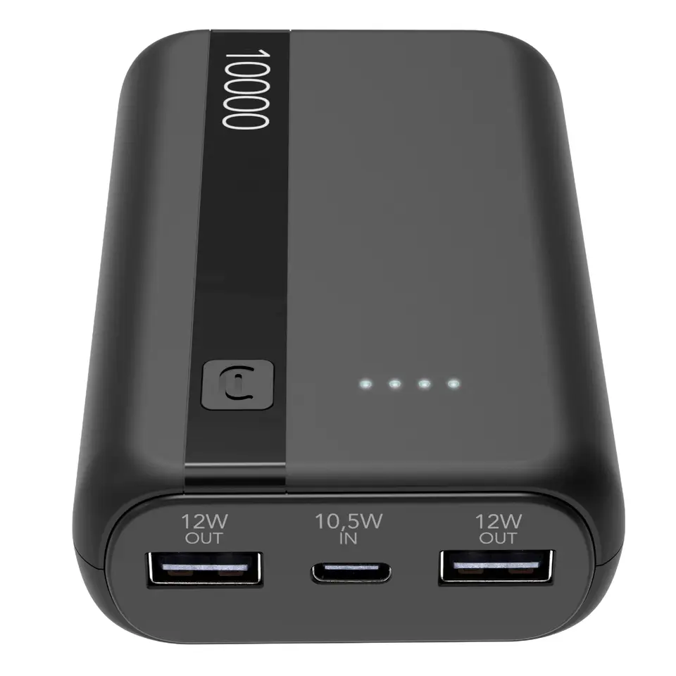 Cellularline Power Bank 10.000mAh - USB-C Eingang, USB-Ausgang 12W - Li-ion Batterie - Schwarze Farbe