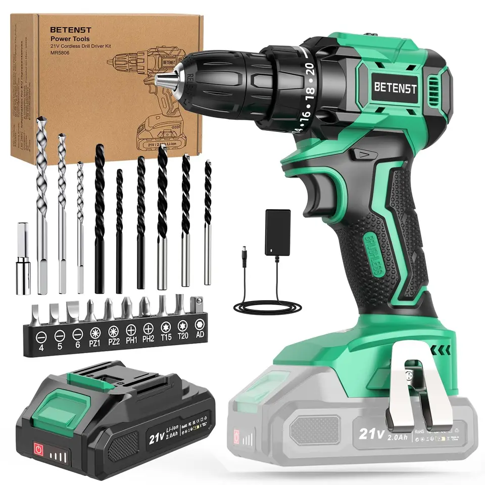 Akkuschrauber Bürstenlos 21V, 45N.m, 20 Drehmomentstufen, 10mm Bohrfutter, 2-Gang, 20-teiliges Zubehör-Set für Haus & Garten