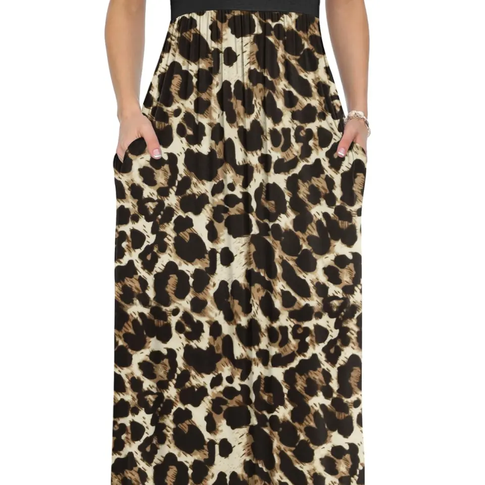 AUSELILY Damen Kurzarm Sommer Maxikleid mit Taschen, Schwarz Leopard, XXL