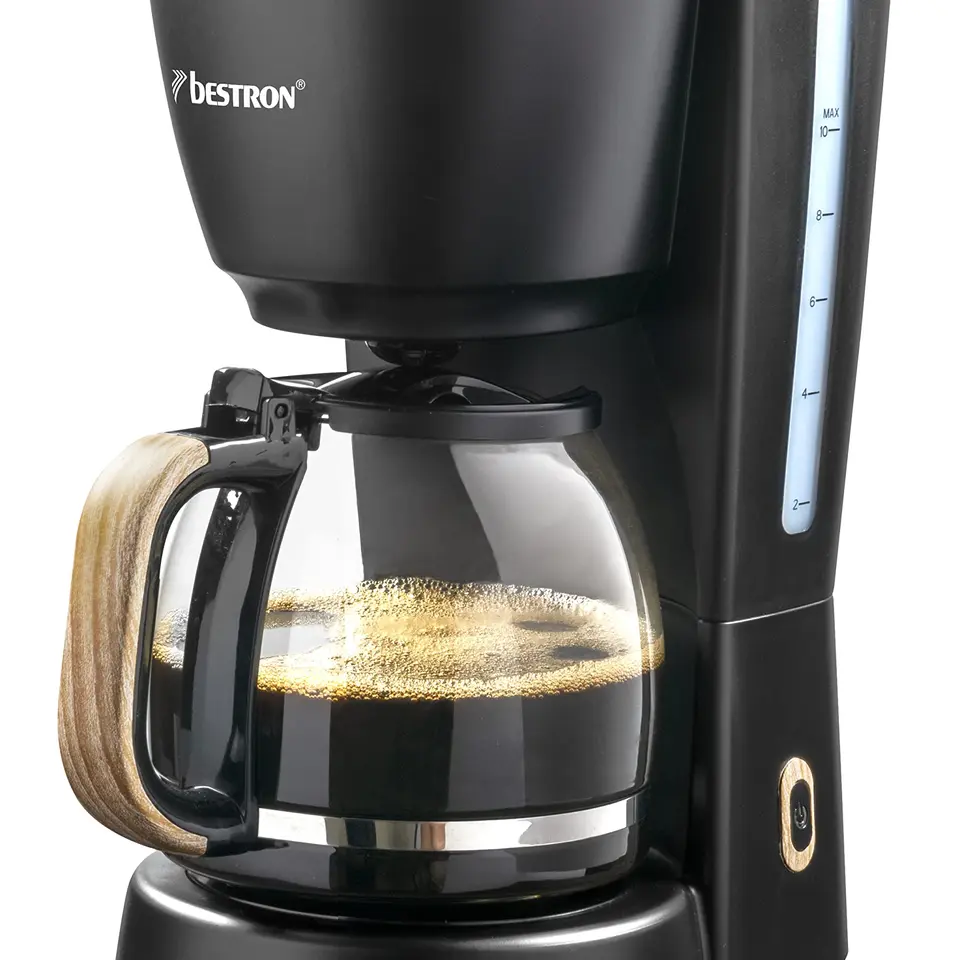 Bestron Filterkaffeemaschine 1,5 L, 10 Tassen, Glaskanne, Permanentfilter, Warmhalteplatte, 1000 W, schwarz/walnuss