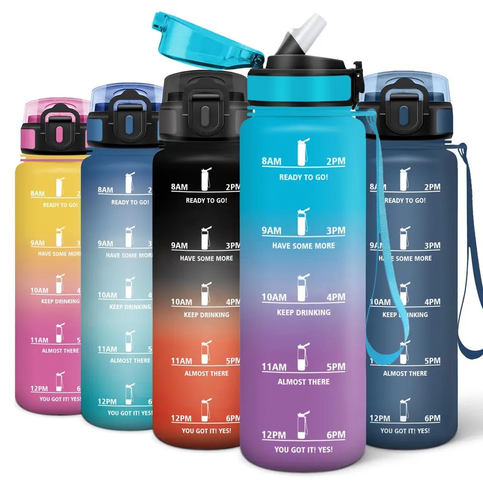 Motswedi Trinkflasche Sport, 1000 ml, mit Zeitmarkierungen, geeignet für Kohlensäure, Blau & Lila