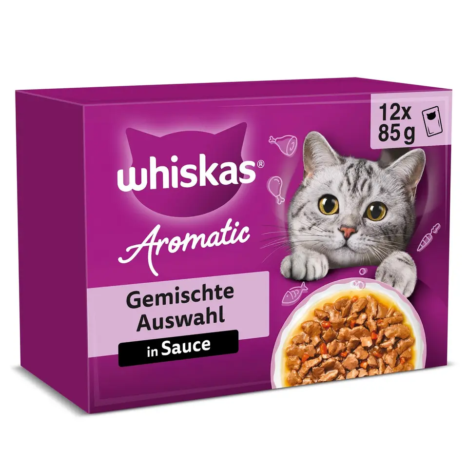 WHISKAS Aromatic Nassfutter in Sauce für Katzen 12 x 85g, 48 Portionsbeutel