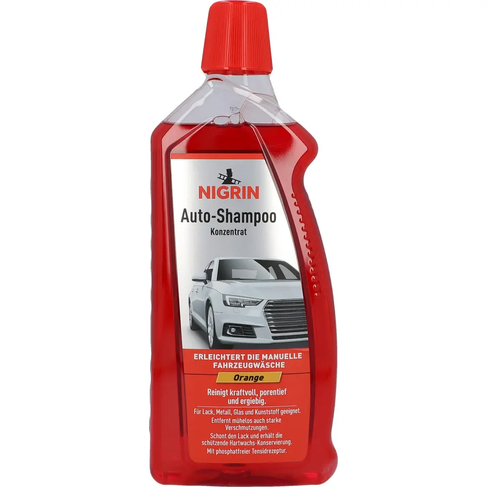 NIGRIN Autoshampoo Konzentrat, 1 Liter, entfernt Verschmutzungen, schützt Lack & Kunststoff, mit Orangen-Duft
