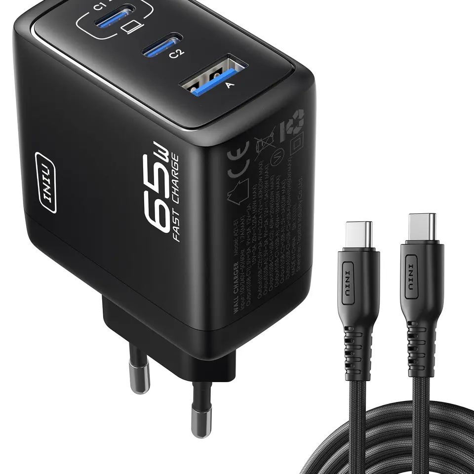 INIU USB C Ladegerät, 65W 3-Port Laptop Schnellladegerät mit 1.5m Kabel
