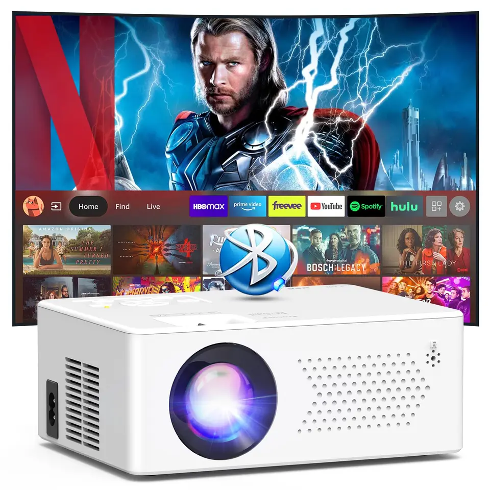Smart Beamer mit Android, Mini Projektor WiFi6 & Bluetooth 5.2, 1080P Full HD, tragbar für Outdoor & Heimkino, 200" Display, 50% Zoom, kompatibel mit Stick, HDMI & Smartphone