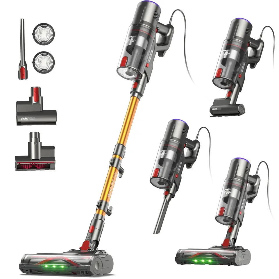 FAMIVAC FV2 Staubsauger, kabelgebunden, 65Kpa/600W, beutellos, 1,3kg, 7m Kabel, 1,5L, selbststehend, Anti-Tangle-Bürste für Teppich, Boden & Tierhaare