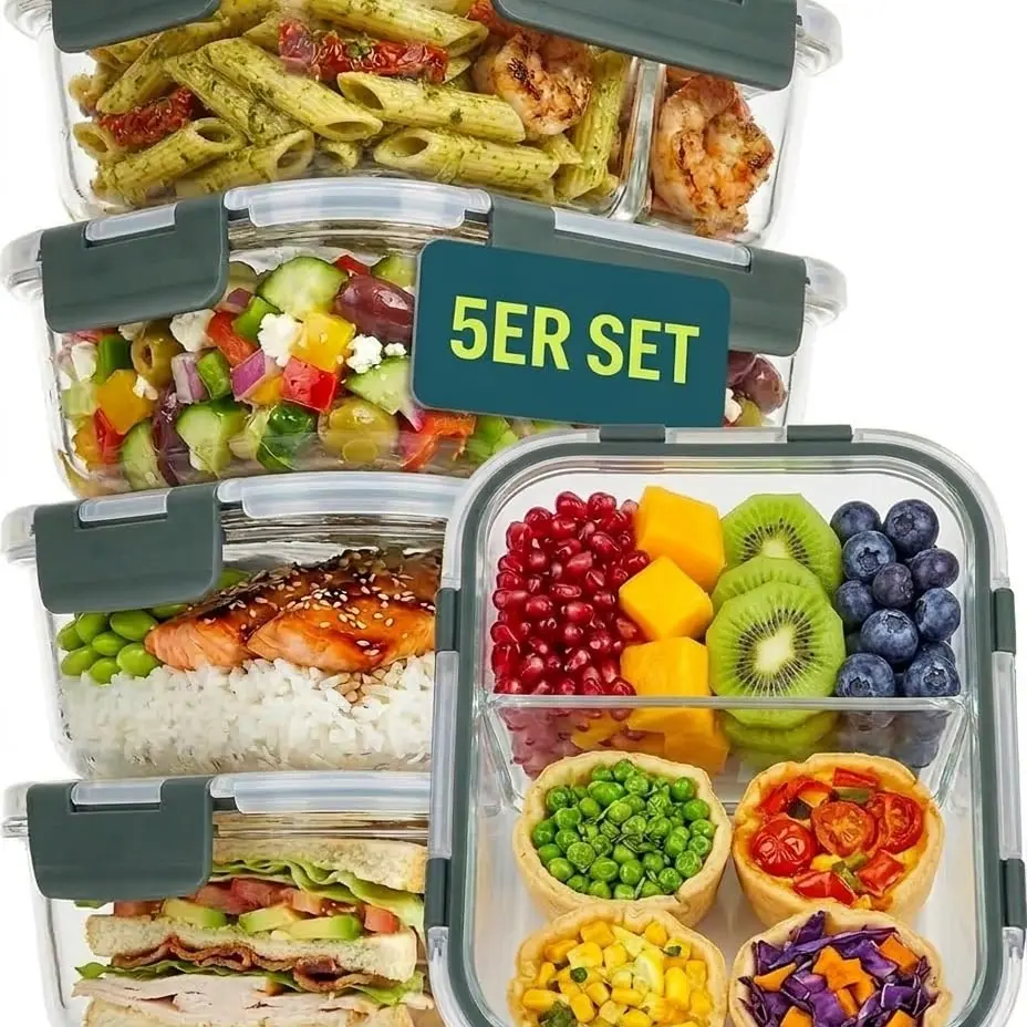 uandu Glasbehälter mit Deckel, 10-teilig – Meal Prep Boxen aus Glas mit 2 Fächern