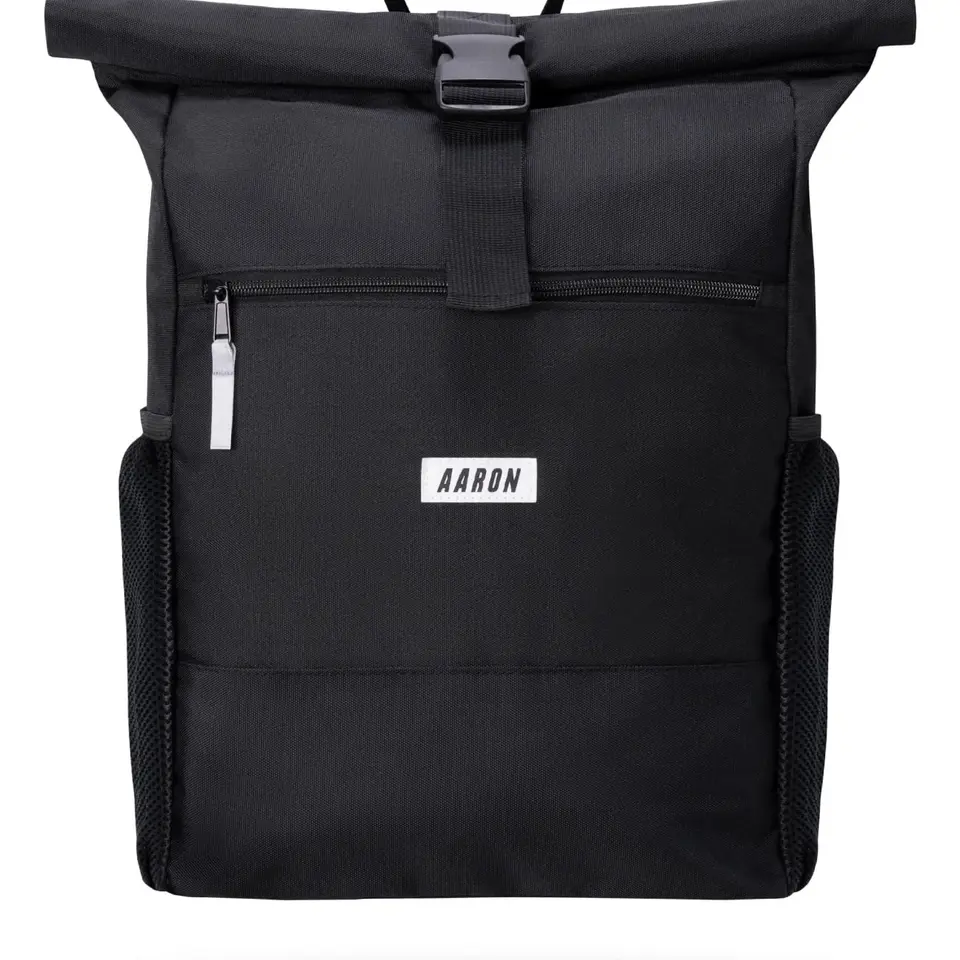 AARON Rolltop Rucksack Damen & Herren, Laptopfach, AirTag Halter, Daypacks, recycelter PET, schwarz & Blumen
