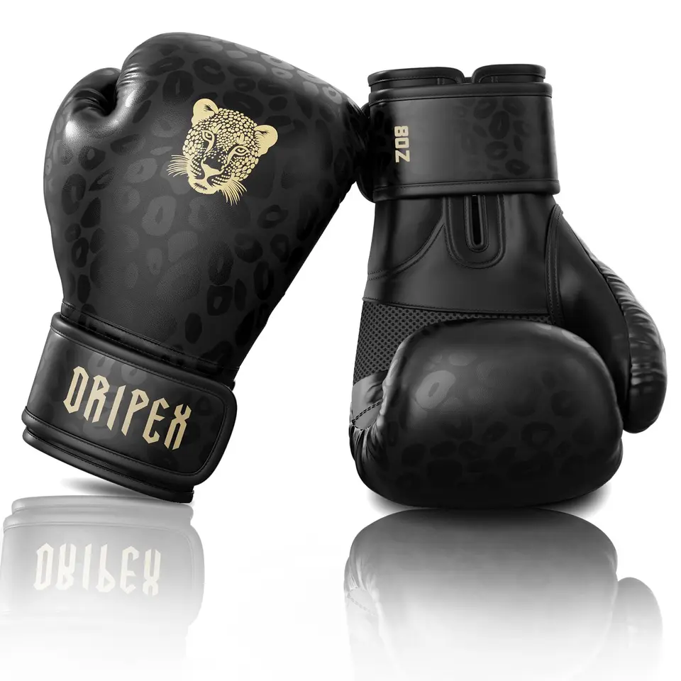 Dripex Boxhandschuhe, Boxing Training Gloves, Muay Thai Kickboxen, Schwarz Leopard (8 oz)