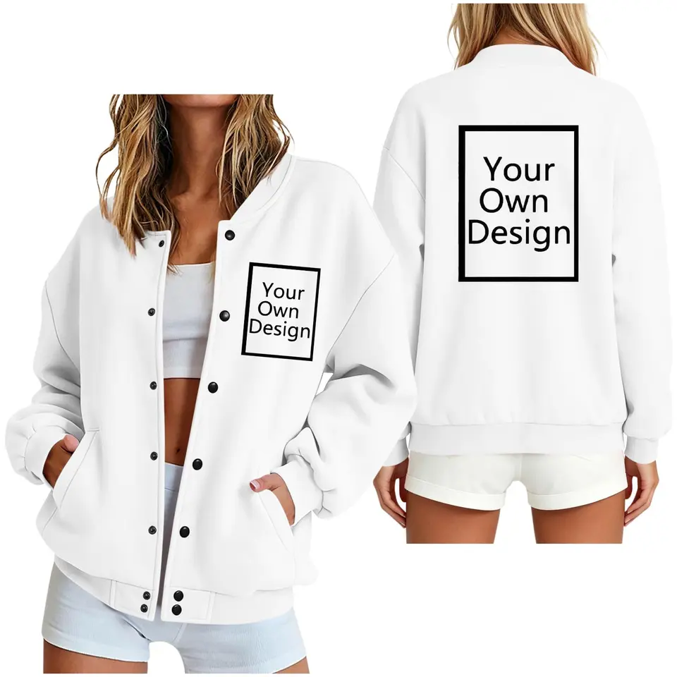 Generische Damen-College-Jacke personalisiert, Pilotenjacke, Baseballjacke, bedruckt, Langarm, Weiß, Größe L