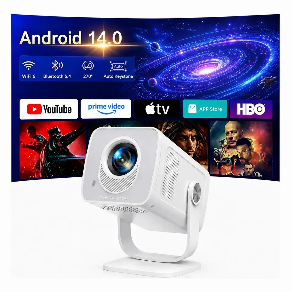 Mini Beamer 4K mit Android 14, App-Steuerung, WiFi 6 und BT 5.4