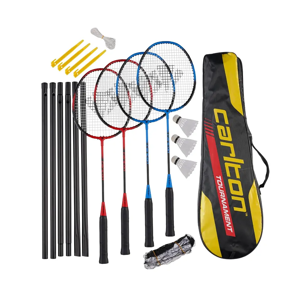 Carlton Tournament Badminton Set für 4 Spieler – 4 Schläger, 3 Bälle, Tasche & Netz & Pfosten, Black/Red/Blue