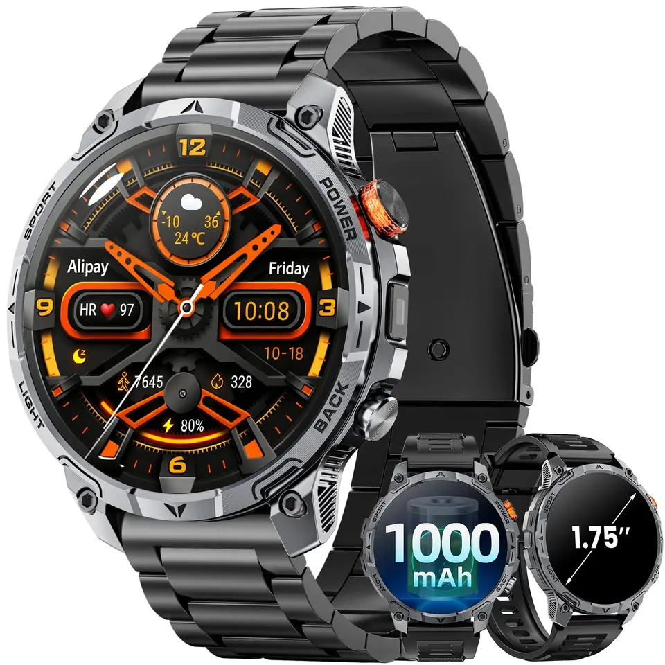 Militär Smartwatch Herren mit 1000-mAh-Akku, 2 Armbändern und LED Taschenlampe