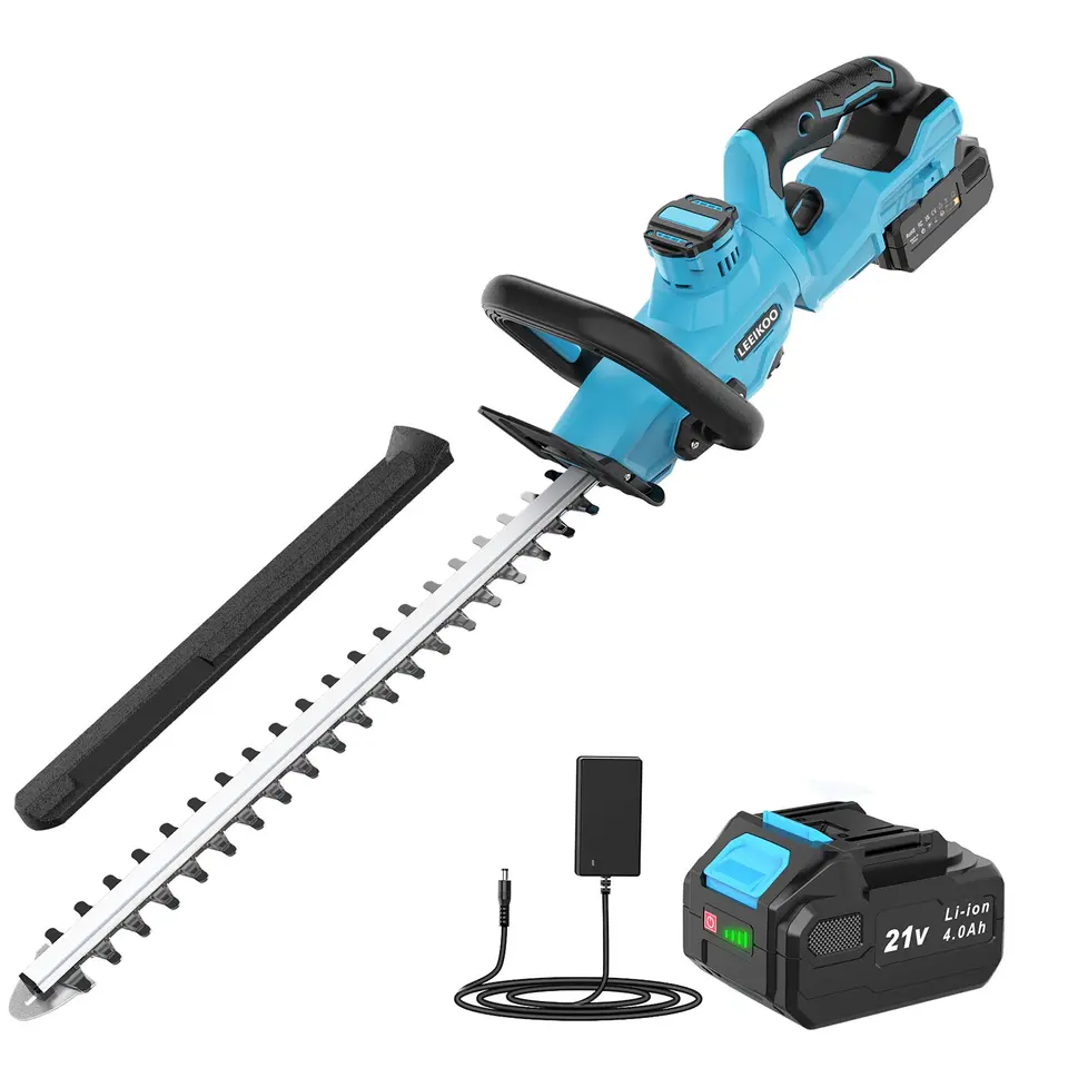LEEIKOO Akku-Heckenschere 21V mit 4,0-Ah-Akku, 51 cm Doppelmesser, 16 mm Messeröffnung, 180° drehbarer Griff, für Hecken & Sträucher