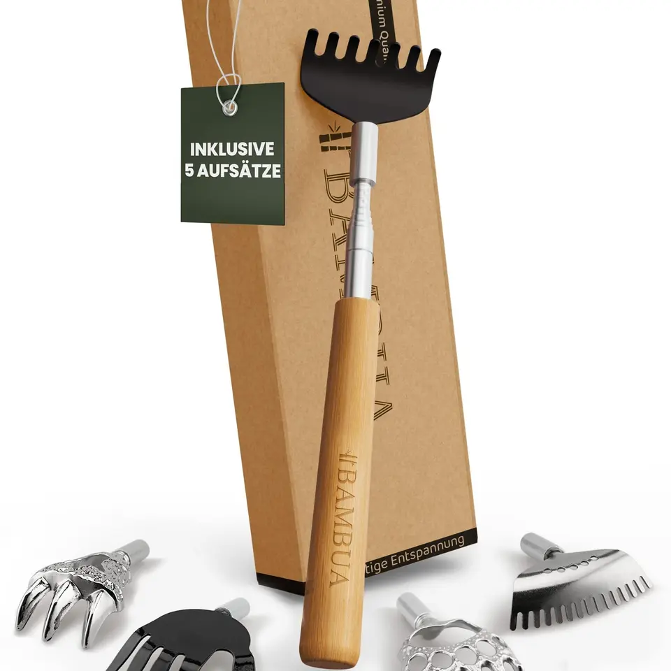 BAMBUA Rückenkratzer Ausziehbar mit 5 Aufsätzen – Für wohltuende Kratzgefühle & perfekte Anwendung, ideal als Geschenk