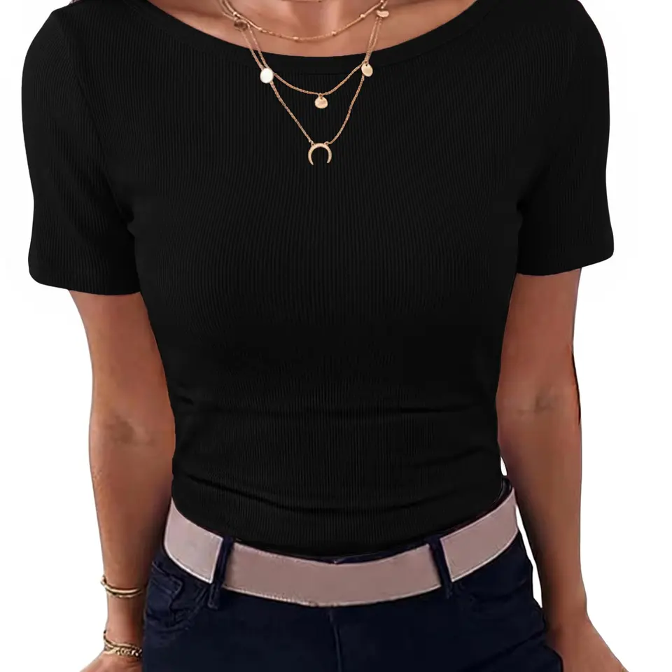 Leversic Damen T-Shirt Sommer U-Boot-Ausschnitt Gerippt Elegant Oberteil