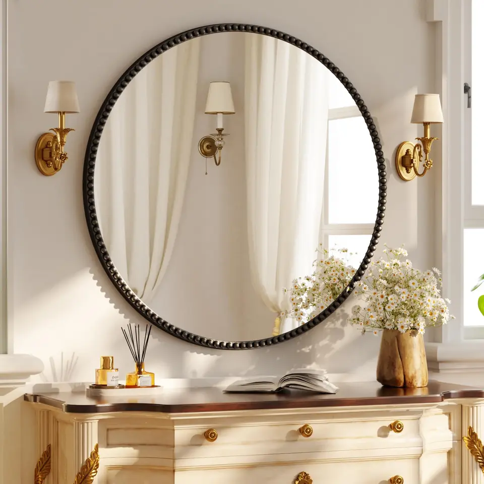 Koonmi runder Wandspiegel 80 cm, schwarzer PU-Perlenrahmen