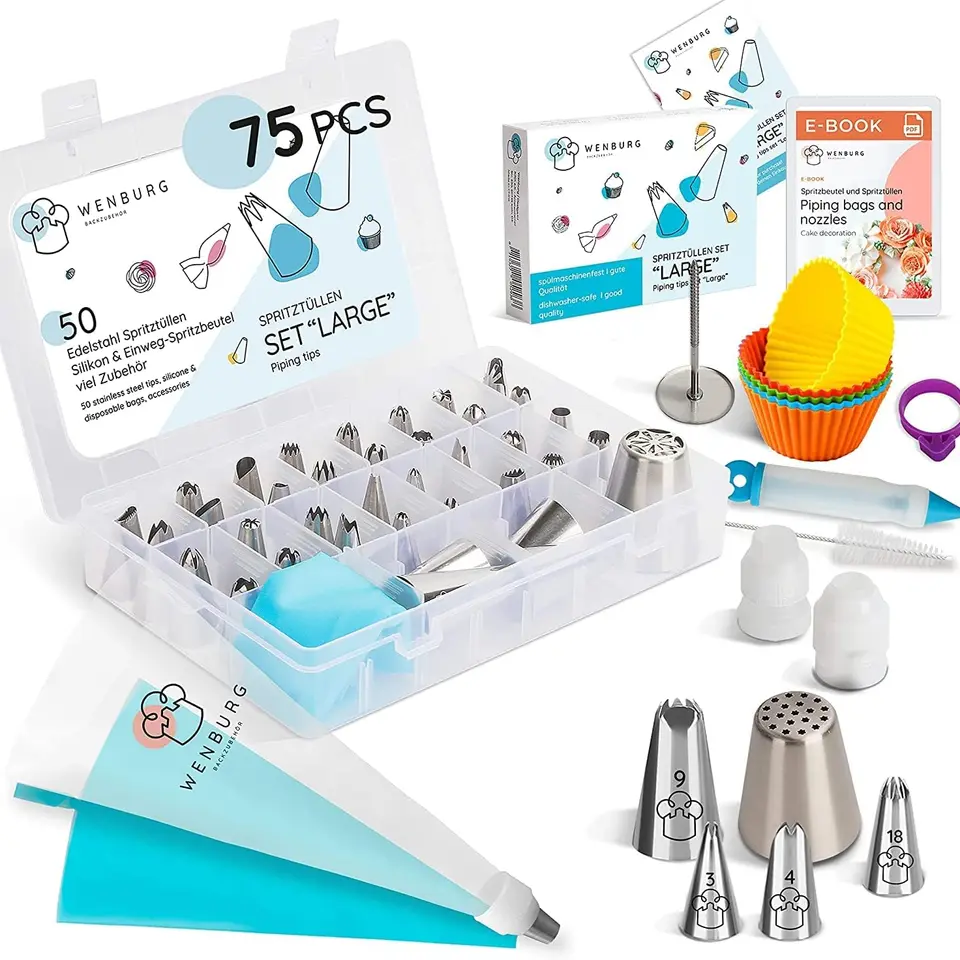 Wenburg Premium Qualität Spritztüllen Set - 75 teilig - Für Anfänger & Profis - Backset mit Tüllen und Spritzbeutel, inklusive E-Book
