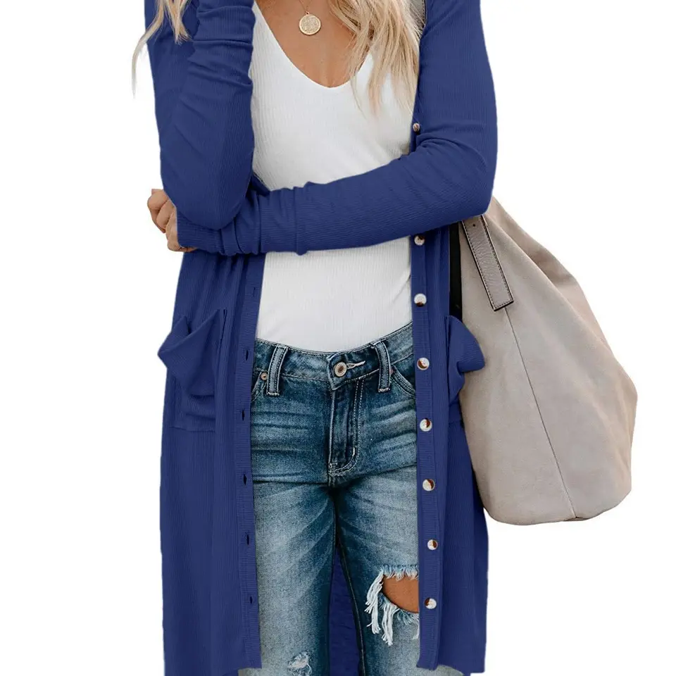 Fisoew Damen Langarm Strickjacke mit Taschen, Marineblau, M