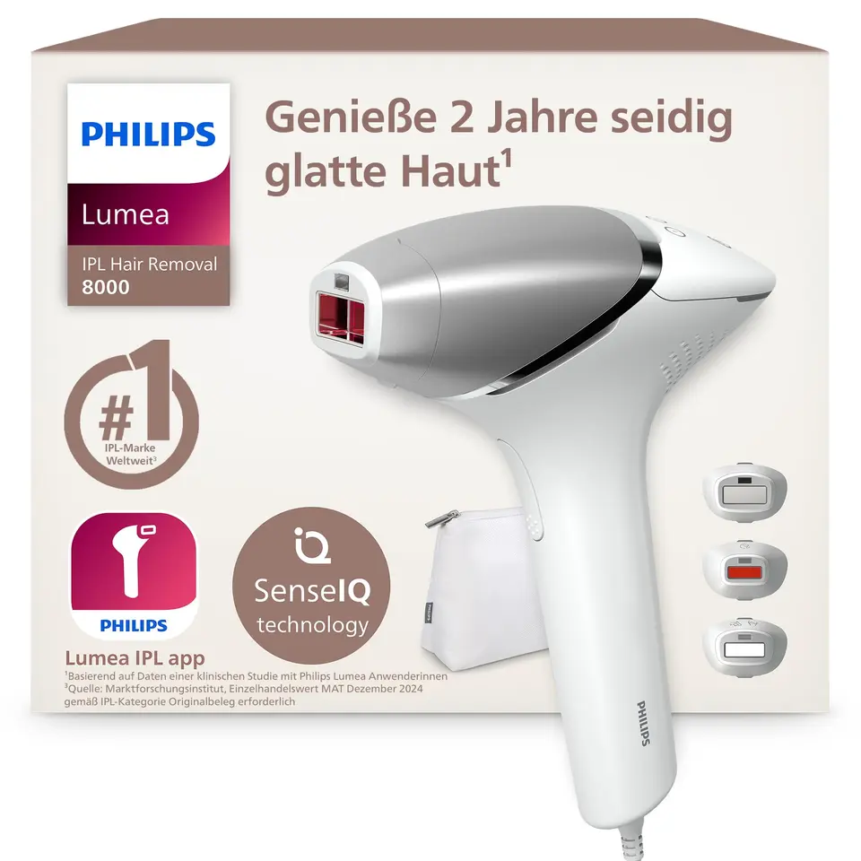Philips Lumea IPL 8000 Series - Haarentfernung für Körper & Gesicht, 3 Aufsätze, seidig-glatte Haut & Alternative zur Laser-Haarentfernung
