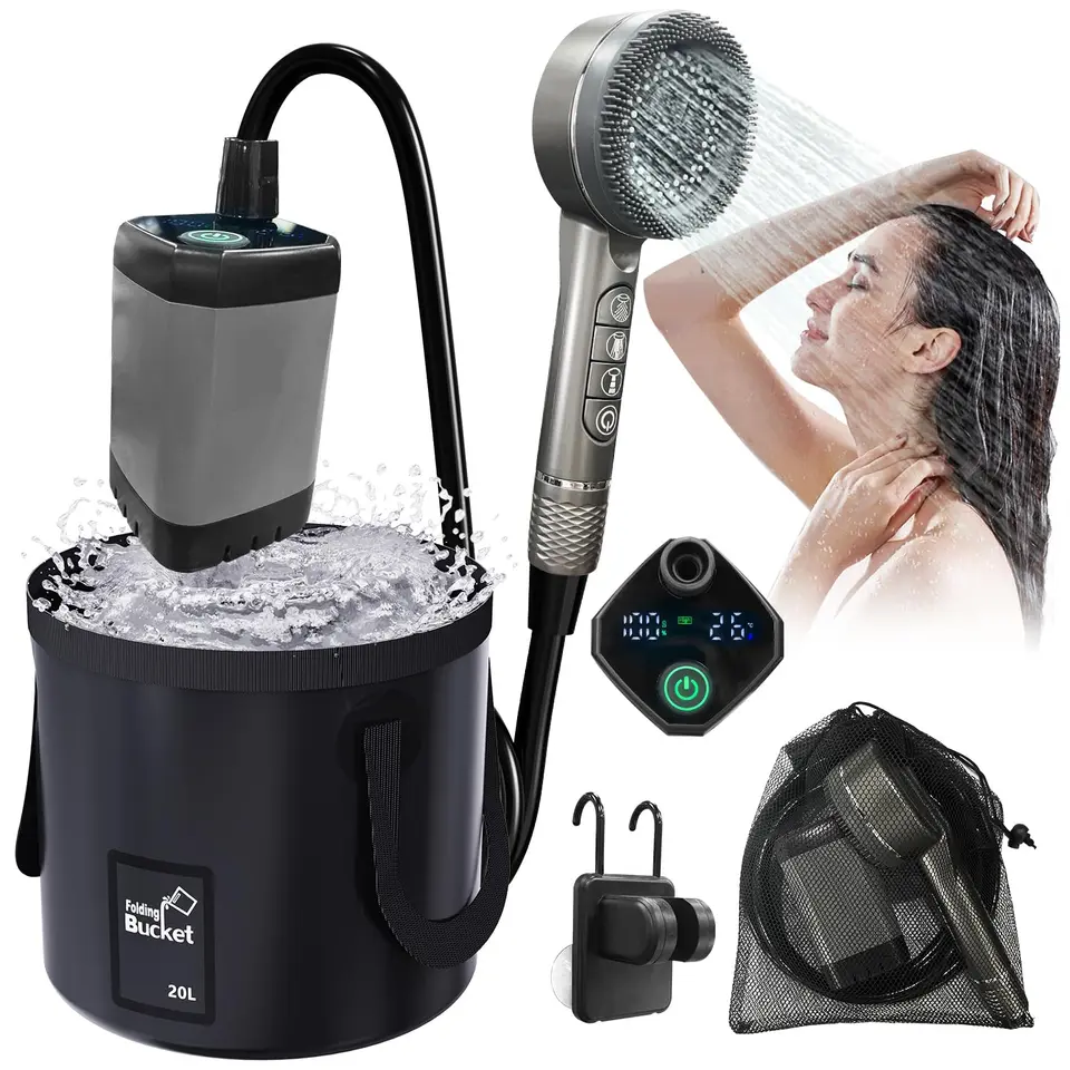 Zelvia Tragbare Campingdusche mit Pumpe und 20L Falteimer – Outdoors Dusche mit wiederaufladbarem 6000 mAh für Camping, Reisen, Garten, Haustiere und Autowaschen