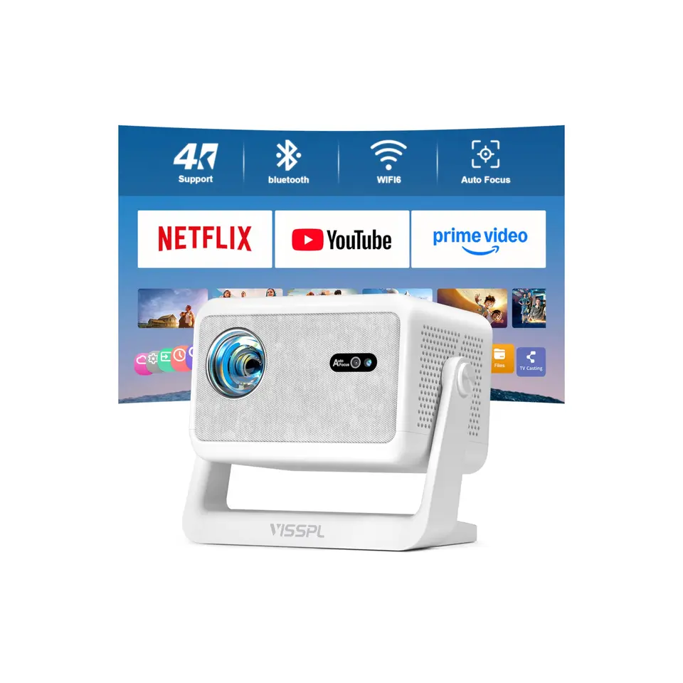 Smart Mini Beamer 4K VISSPL Heimkino & Outdoor Projektor, Autofokus, Trapezkorrektur, WiFi6, Bluetooth, Full HD 1080P, für Handy/PC