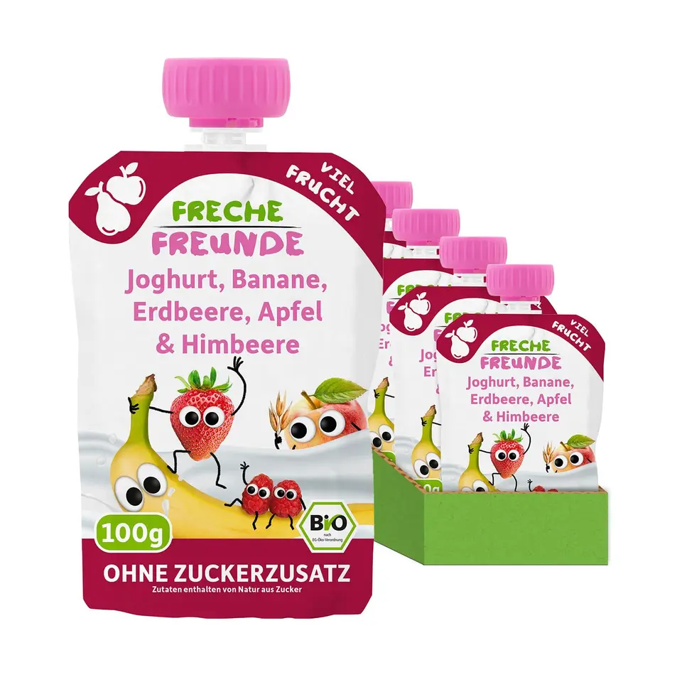 FRECHE FREUNDE Bio Quetschie Joghurt mit Banane, Erdbeere, Apfel & Himbeere - Veganes Fruchtmus im Quetschbeutel, 6x100g