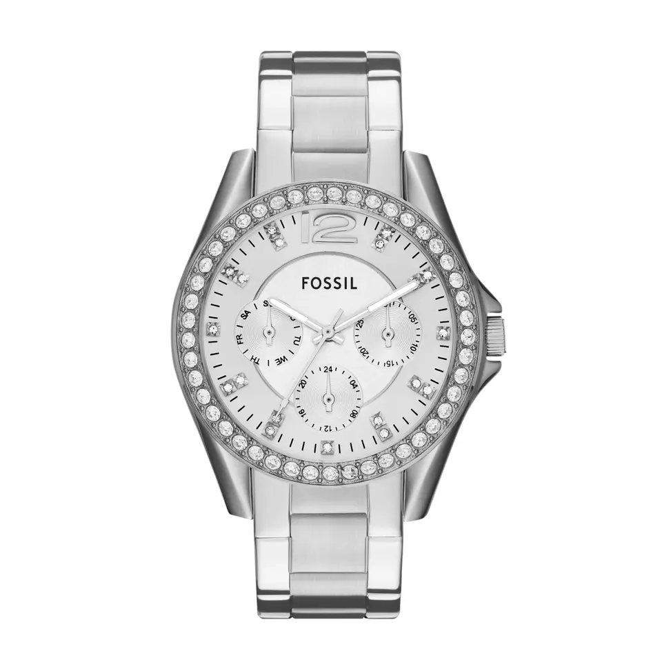 Fossil Riley Damen-Uhr mit Quarz-Chronographenwerk, Edelstahl- oder Lederarmband