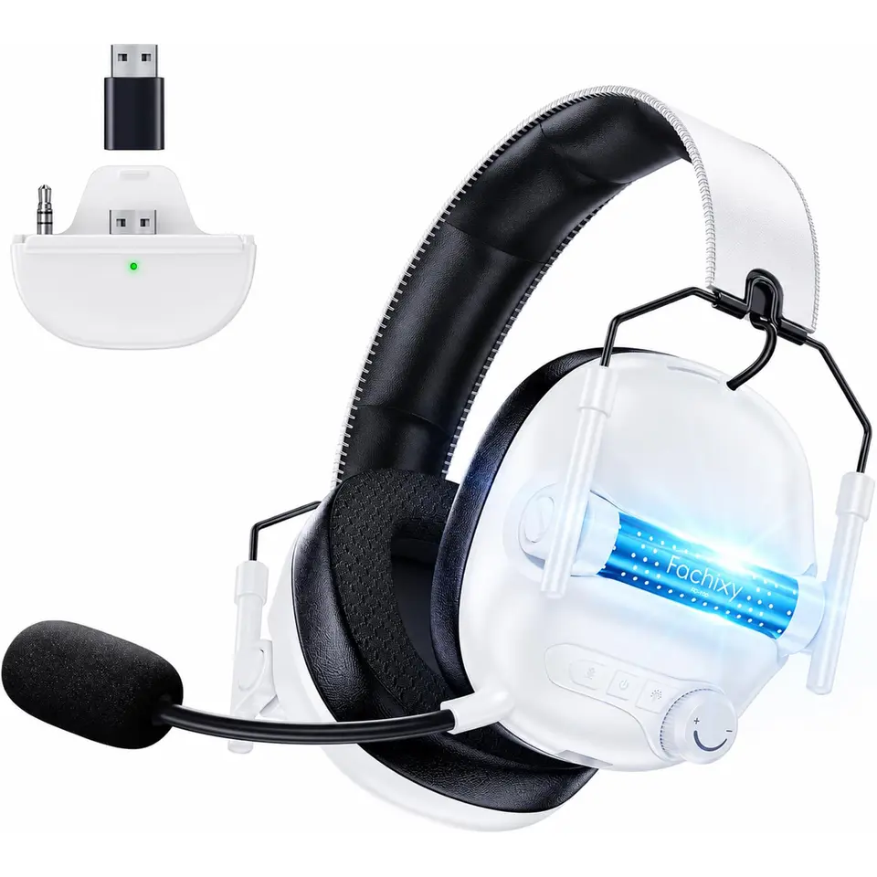 Gaming Headset Wireless für Xbox, PC, PS5, Switch mit Bluetooth 5.4, Noise Cancelling, LED Licht, faltbar, 60h Akku