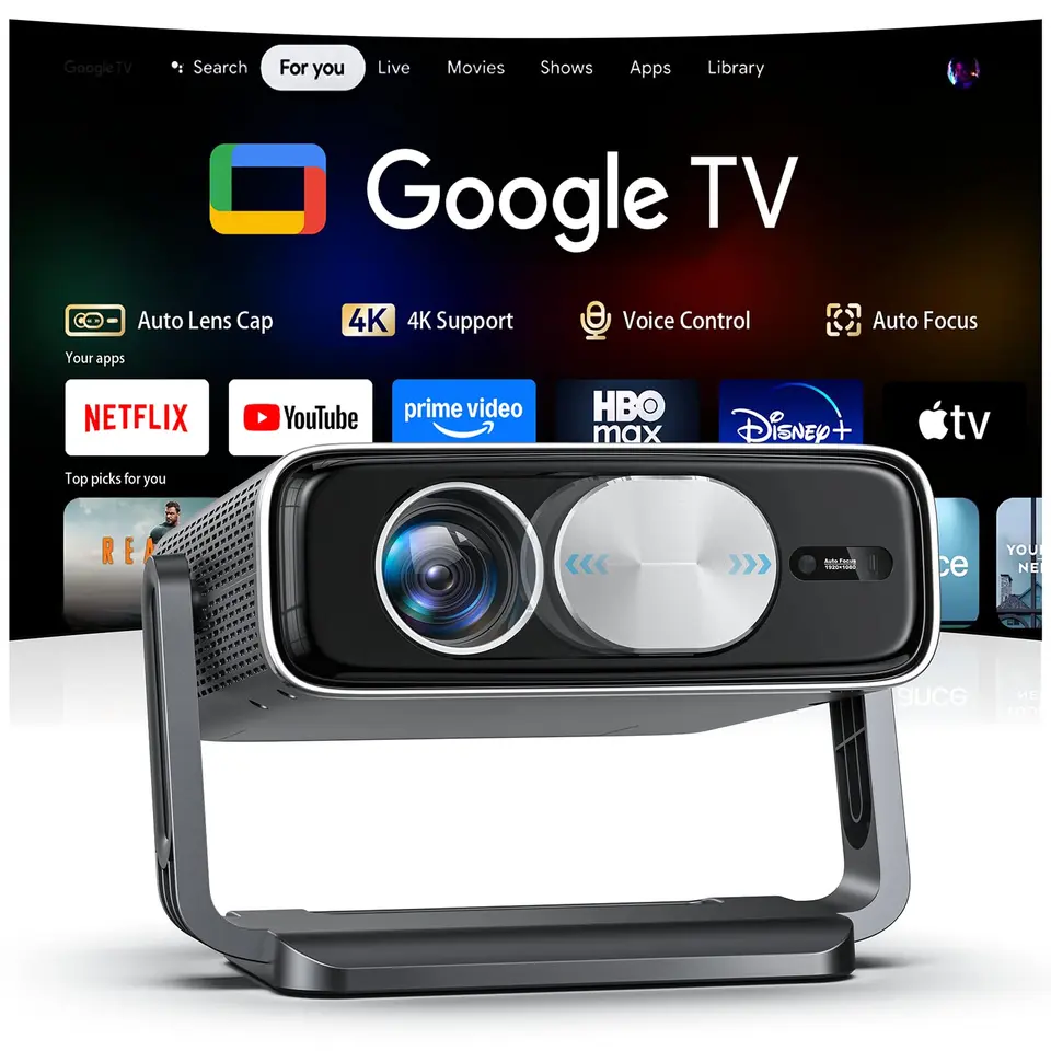 Smart Beamer mit Google TV, 4K, Full HD 1080P, WiFi6, tragbar, auto-Objektivabdeckung, Autofokus & 6D Trapezkorrektur, APP für Outdoor/Handy