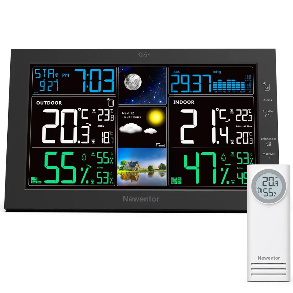 Newentor Wetterstation mit Außensensor – Farbdisplay, Wettervorhersage, Temperaturwarnung, DCF Funkuhr, batteriebetrieben, Gelb