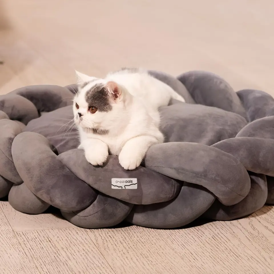 CheerPals Katzenbett 60cm, Waschbar, Geflochtene Kuschelhöhle, Hundebett mit hochelastischem Kissen für Katzen & kleine Hunde