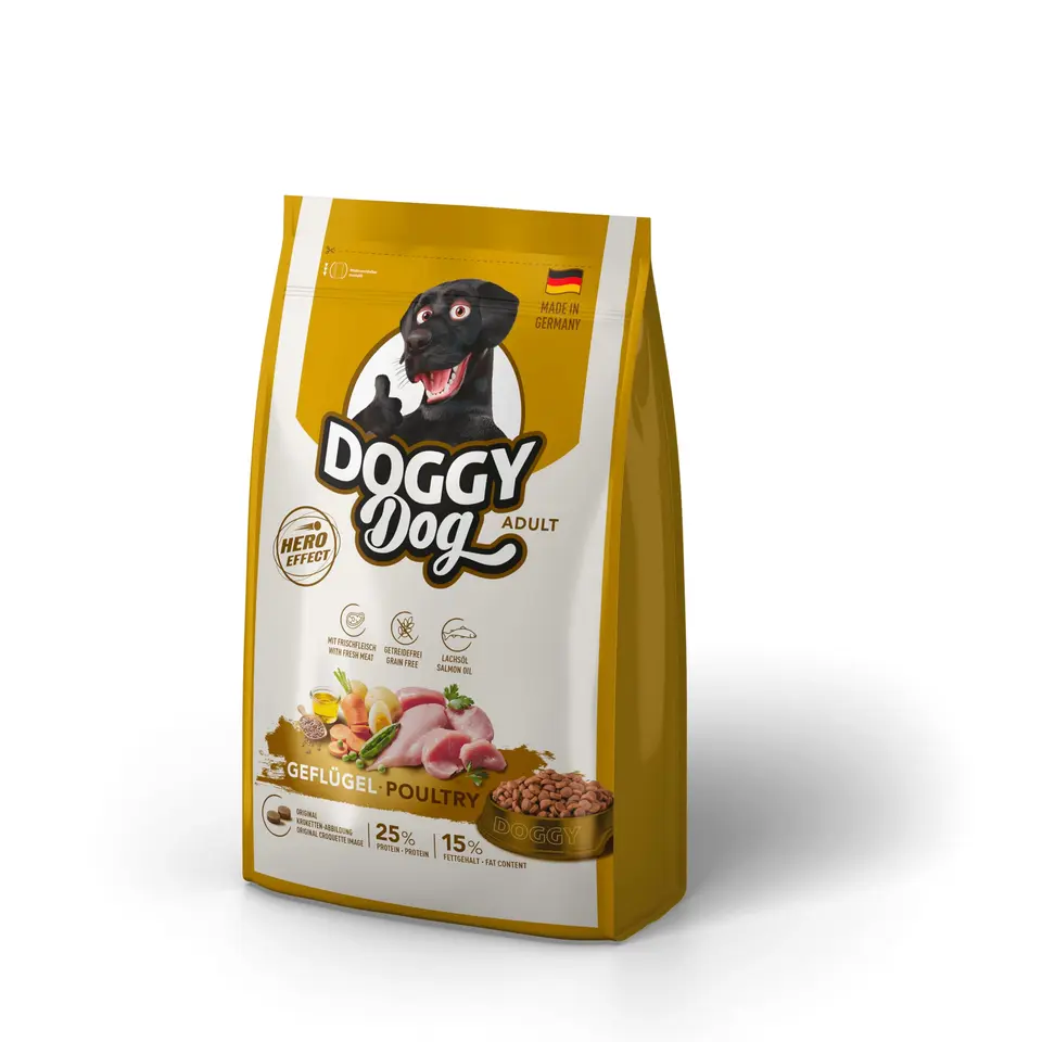 DOGGY Dog Geflügel Adult 1 kg - Getreidefreies Trockenfutter mit hohem Fleischanteil für Hunde, mit Lachsöl, Made in Germany