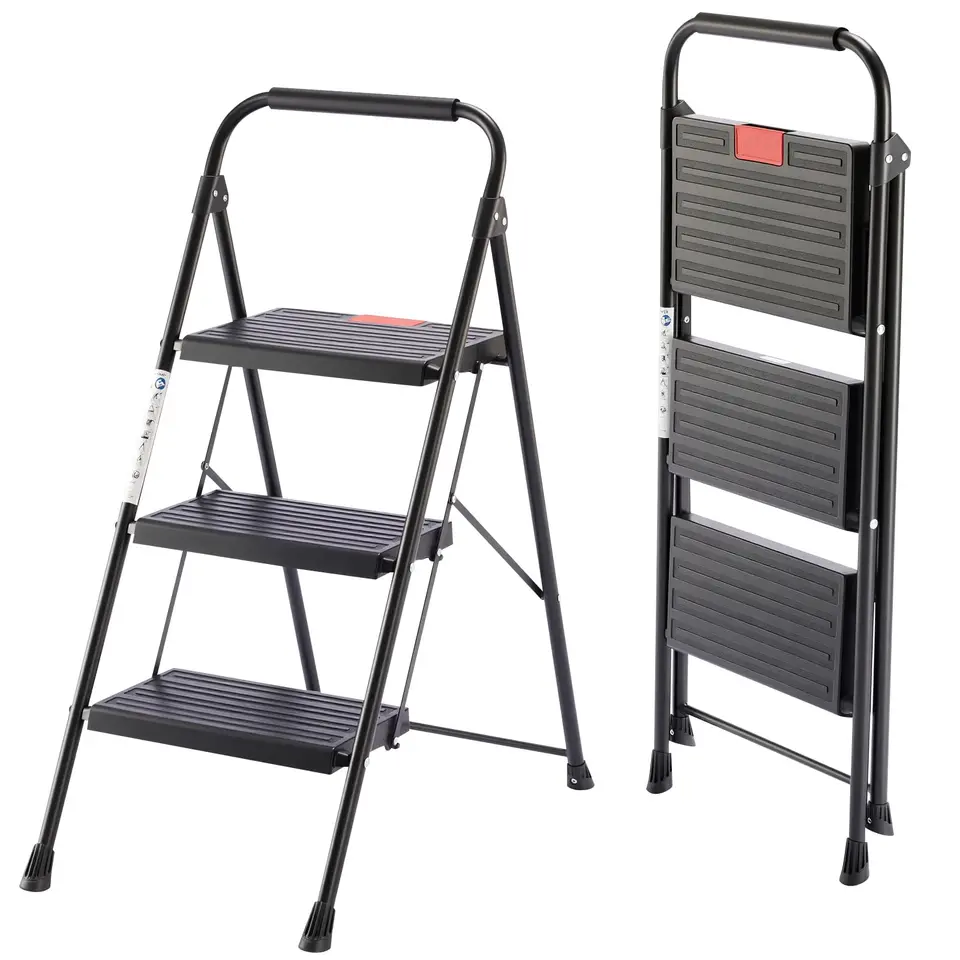 Sweetcrispy Trittleiter 3 Stufen, klappbar, anti-rutsch, mit Handlauf, schwarz, bis 150 kg