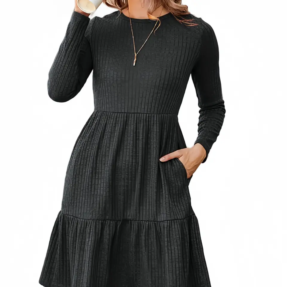 Zeagoo Damen Kleider Langarm Rundhals Herbstkleid mit Taschen Knielang Elegant Winter Frühling Grau S