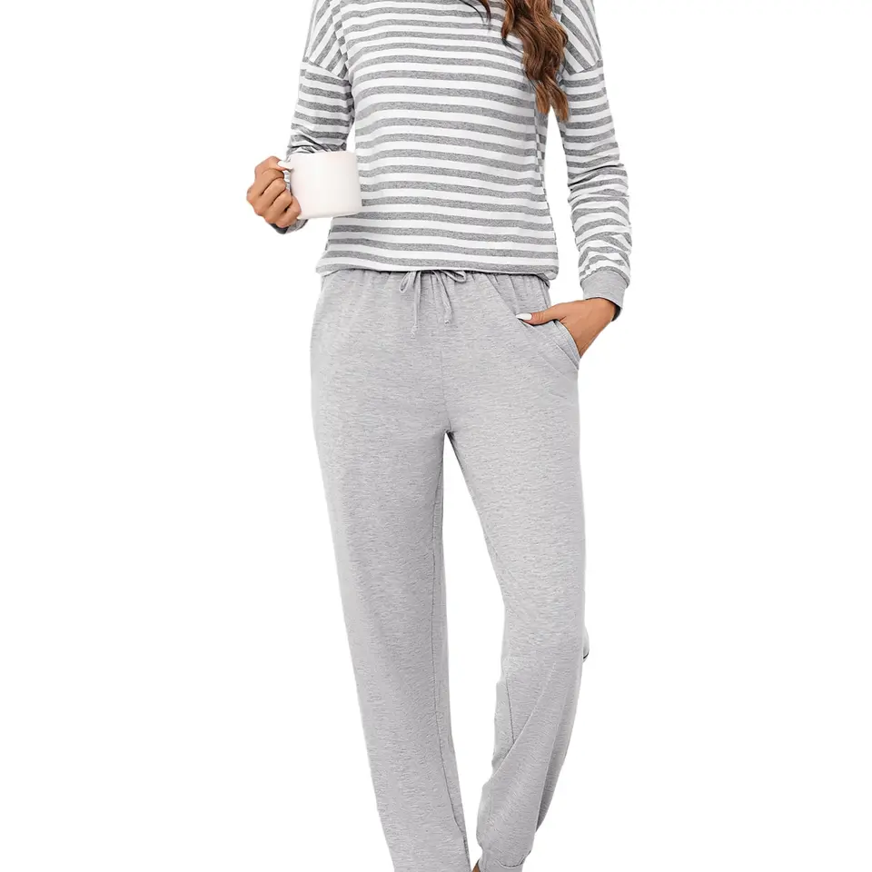Bresdk Damen Pyjama Lang Schlafanzug Baumwolle Winter mit Bündchen Grau M