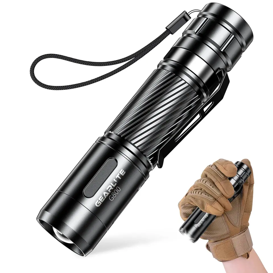 GEARLITE Taschenlampe LED, aufladbar, superhell, zoombar, 2000 Lumen, Mini Torch