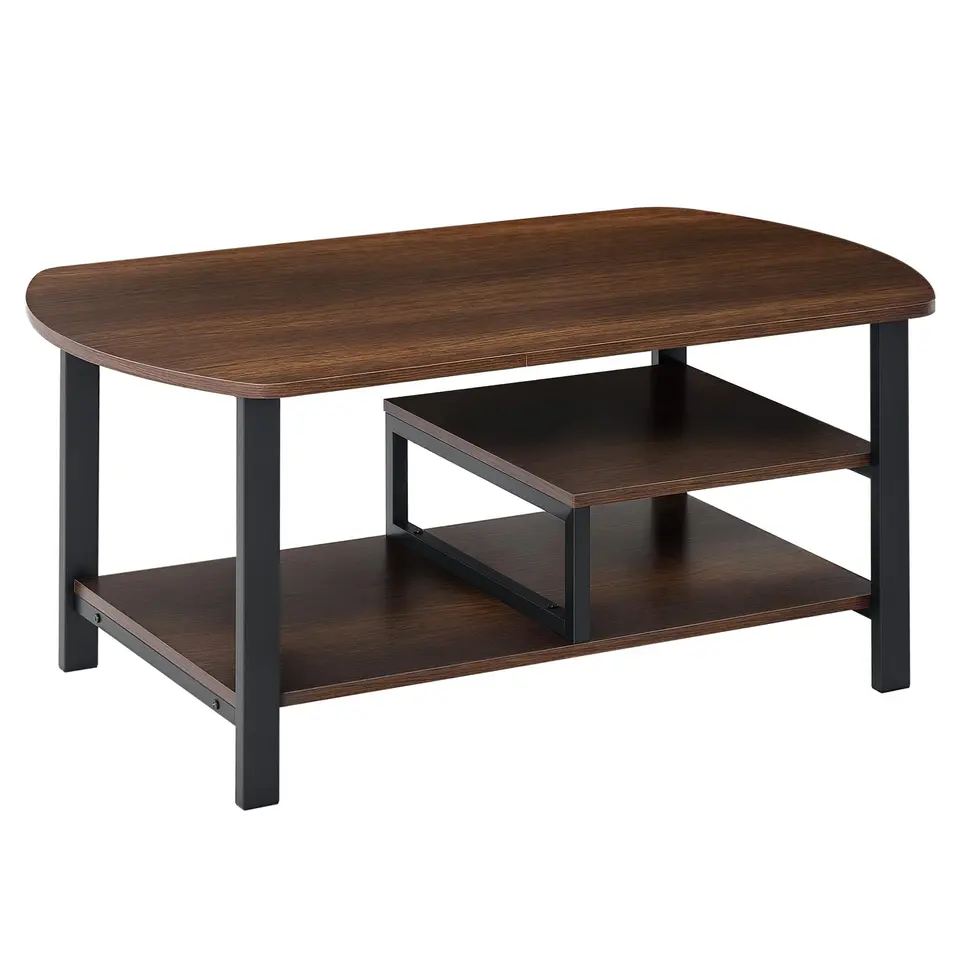 HOMCOM Couchtisch im industriellen Stil, ovaler Kaffeetisch mit Ablageflächen, aus Stahl und Spanplatte, Braun, 100L x 60B x 46H cm
