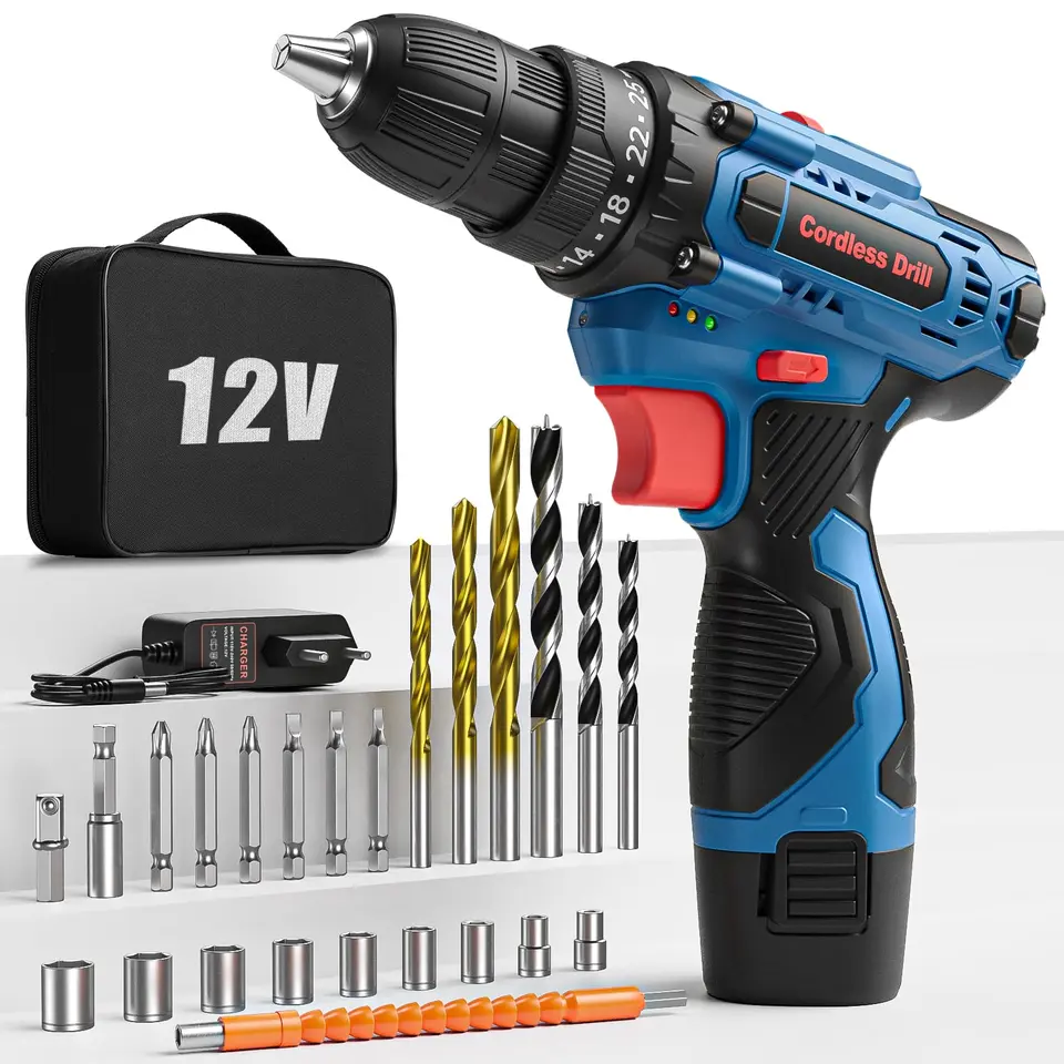 Akkuschrauber 12V mit 25+1 Zubehör, 2-Gang, 10mm Bohrfutter, LED-Licht, Tragetasche