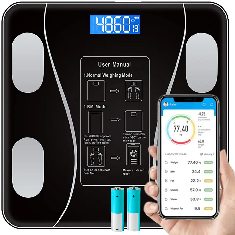 Retoo Personenwaage mit Bluetooth, Körperanalyse, Körperfett, BMI, Wasser, Skelettmuskel, gehärtetes Glas, kompatibel mit Tuya & Google Fit, Schwarz