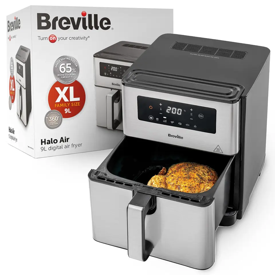 Breville Halo Digitale Heißluftfritteuse 1700W, 9L, schnelleres Garen, 50% energieeffizient, groß 65% mehr Platz für Braten, Backen, Grillen [VDF131X]