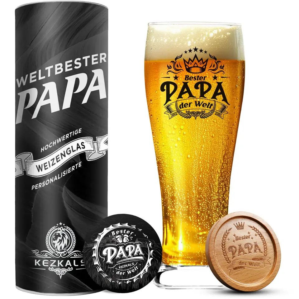 KEZKALS Papa Geschenk Weihnachten, Weizenbierglas 0,5 l mit Gravur