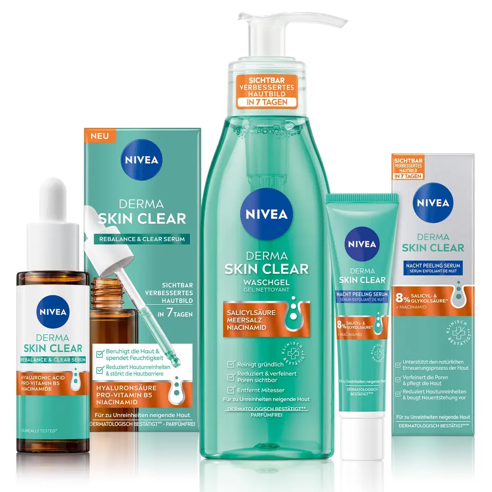 NIVEA Derma Skin Clear Routine Set mit Rebalance & Clear Serum, Nachtpeeling & Waschgel für unreine Haut