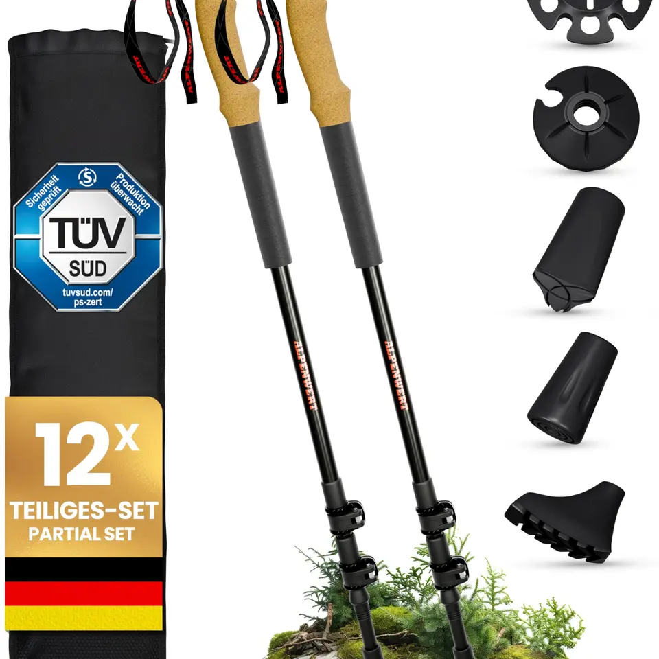 ALPENWERT Wanderstöcke aus Aluminium – Teleskopische Trekkingstöcke für Damen und Herren mit Korkgriff für Wandern, Nordic Walking und Skitouren