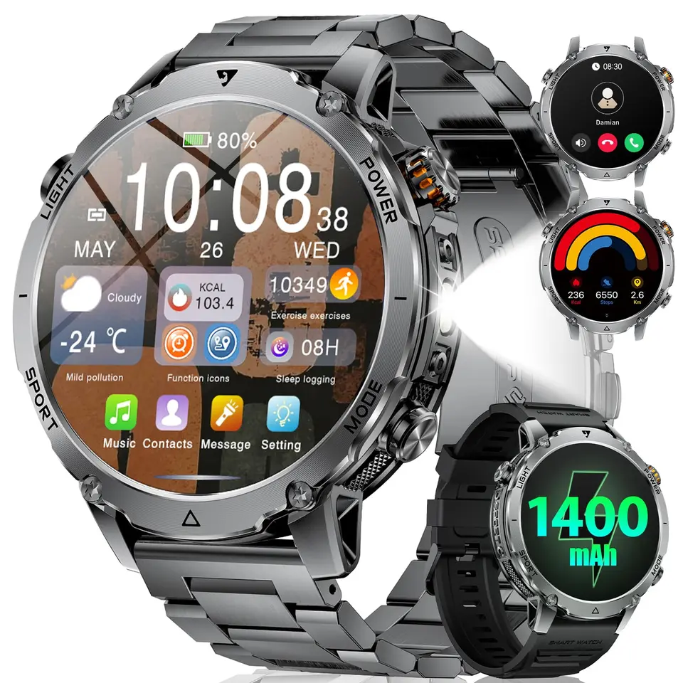 LIGE Militär Smartwatch Herren, 1,7 Zoll HD, LED Taschenlampe, Bluetooth Anruf, 110+ Sportmodi, IP68, Fitnessuhr, 2 Armbänder, Schwarz